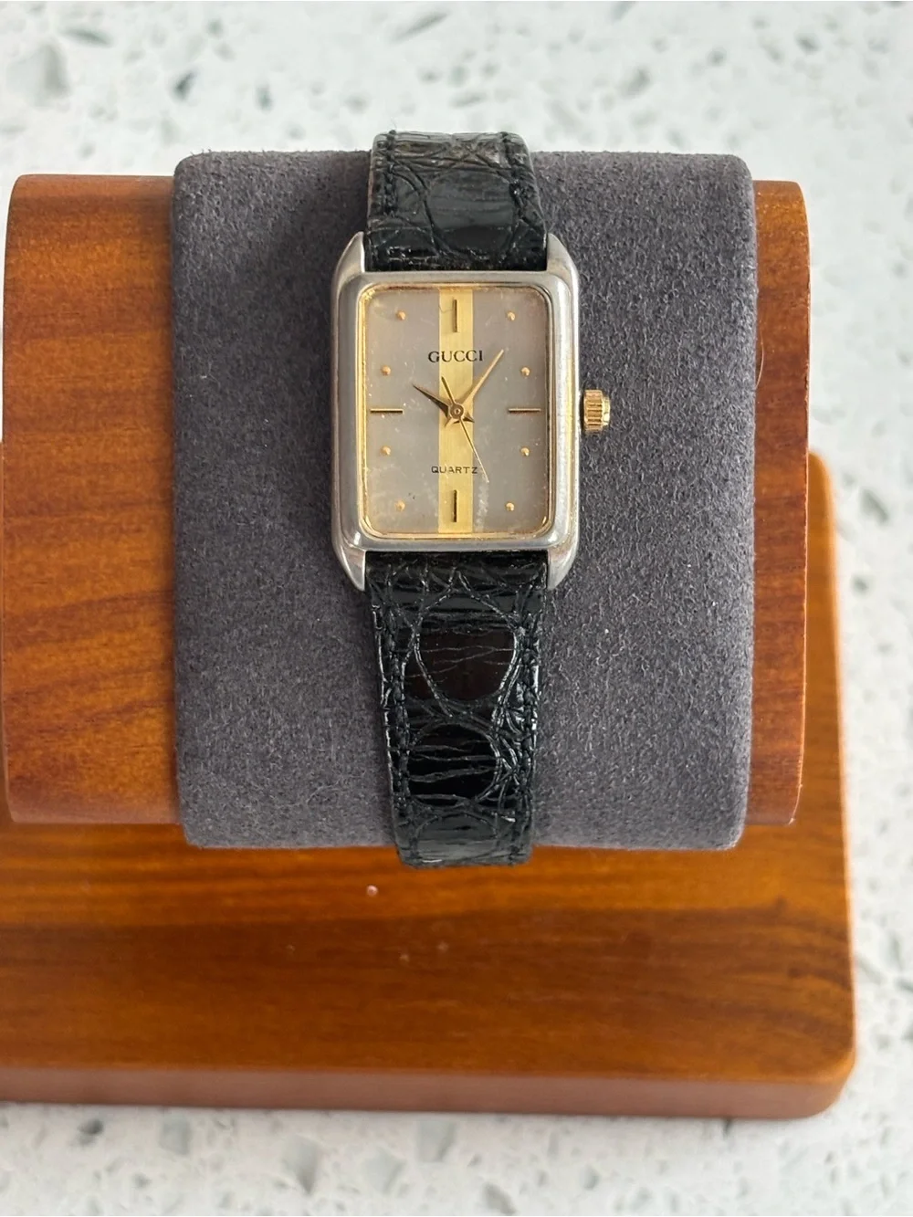GUCCI Silver-Tone Rectangular Watch with Gold Accents and Black Strap